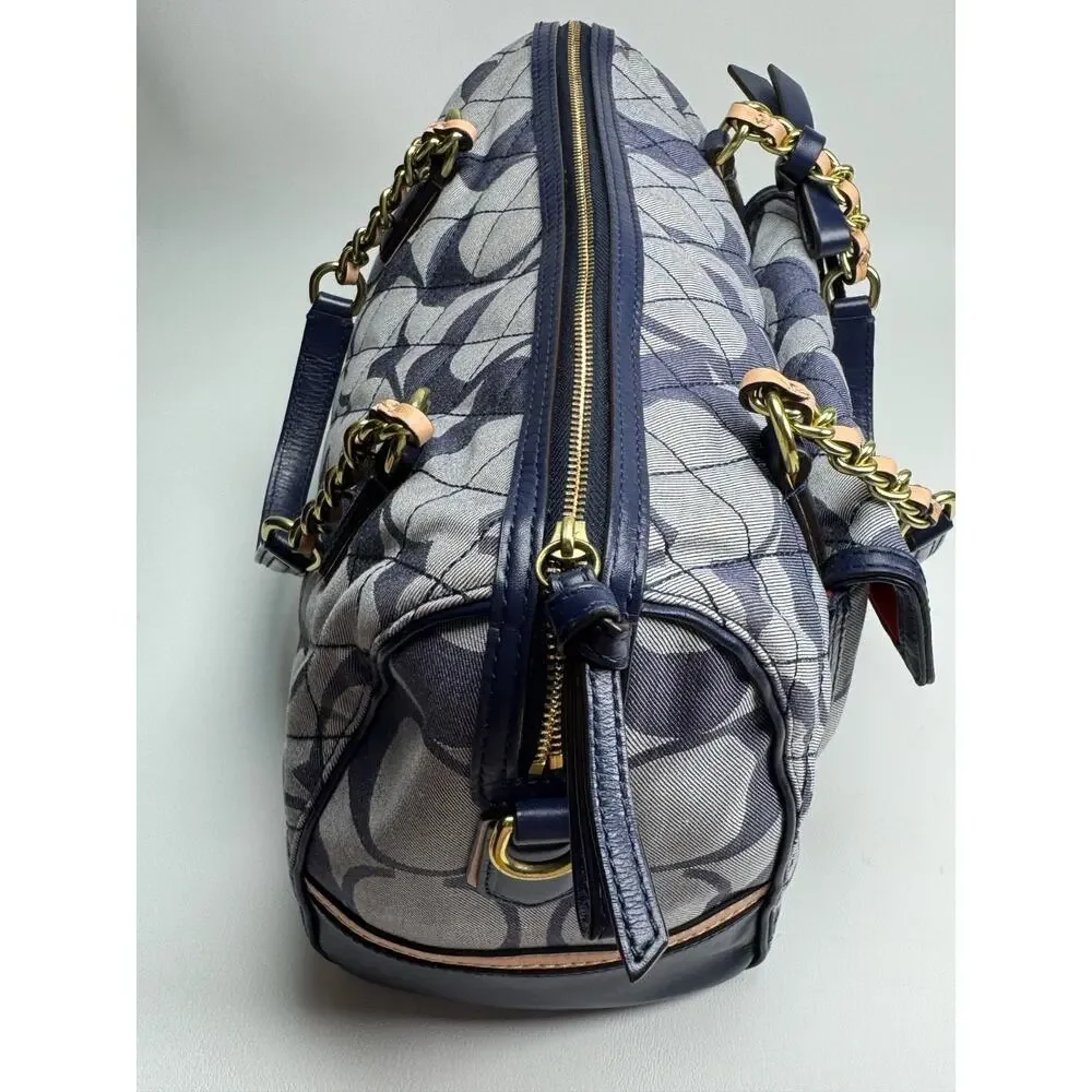 Coach Poppy Quilted Signature Denim Pocket Satchel 25072 Navy Leather 2Way Bag